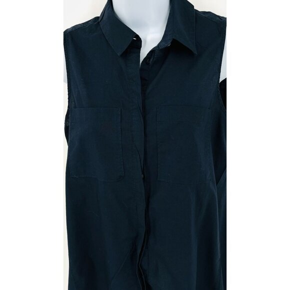 Anthropologie HD In Paris Sleeveless Button Up Shirt  Size 4 Navy Blue High Low - Picture 7 of 15